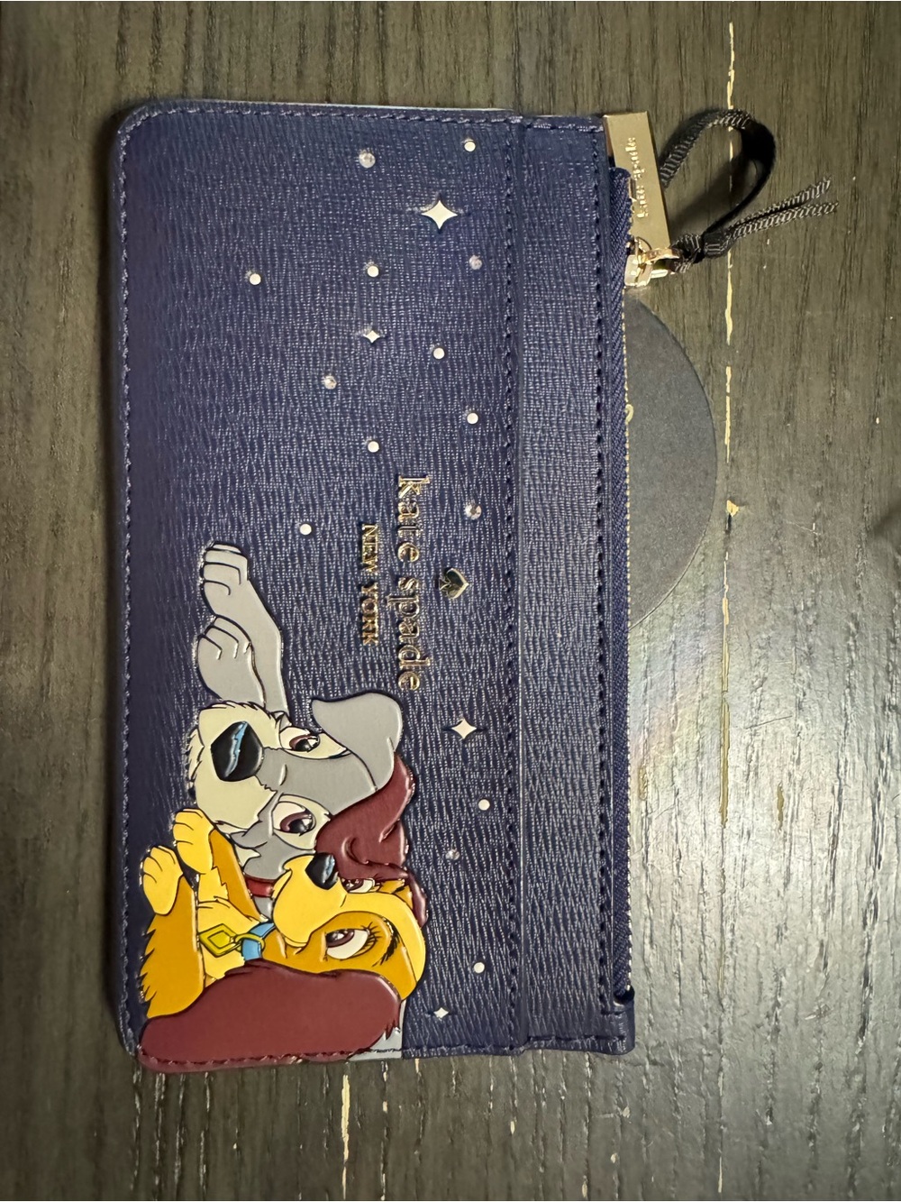 kate spade navy leather zip card wallet with Lady and Tramp applique